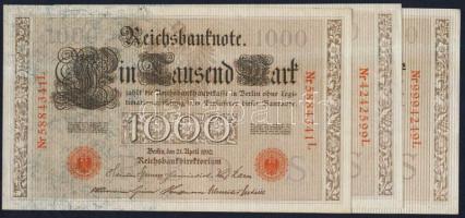 Német Birodalom / Császárság 1910. 1000M (3x) piros pecséttel, hétjegyű sorszámmal, zöld fázercsíkkal T:I,I-