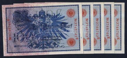 Német Birodalom / Császárság 1908. 100M (5x) piros pecséttel, egymás utáni sorszámokkal T:II+ (egyszer hajtva, törve nem)