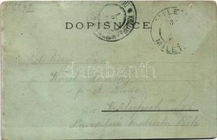 1902 Miletín, Kostel s okolím, Námestí / square, monument, church. J. Krause Art Nouveau, floral lit...