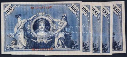 Német Birodalom / Császárság 1908. 100M (5x) piros pecséttel, egymás utáni sorszámokkal T:II+ (egysz...