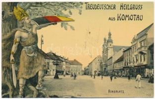 1910 Chomutov, Komotau; Treudeutscher Heilgruss! Ringplatz. R. Liesch / square. German patriotic propaganda montage (fl)
