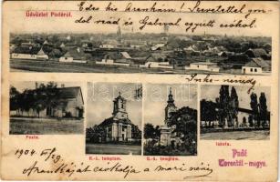 1904 Padé, Padej; látkép, posta, Római katolikus templom, Görögkeleti (ortodox) templom, iskola / general view, post office, Catholic church, Orthodox church, school (fl)