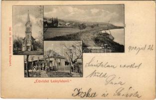 1900 Leányfalu, Római katolikus templom, Duna part, vendéglő, étterem. Divald Károly 144. sz. (EK)