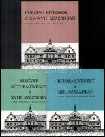 Bútorművészeti katalógusok, 3 db:   Batári Ferenc: Európai bútorok a XV-XVII. században. Kiállítás a Nagytétényi Kastélymúzeumban. Harmadik, javított kiadás;   Szabolcsi Hedvig: Magyar bútorművészet a XVIII. században. Kiállítás a Nagytétényi Kastélymúzeumban.;   Szabolcsi Hedvig: Bútorművészet a XIX. században magyar. Magyar bútorok a század első felében.  Bp., én-1964-1967., Múzsák. Fekete-fehér fotókkal illusztráltak. Kiadói papírkötések.