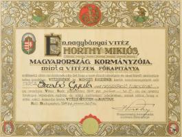 1928 Vitézi Rend avatási oklevél rajta Horthy Miklós kormányzó facsimile aláírásával rendkívül dekor...