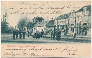 1900 Nagyszalonta, Salonta; Városháza, Salamon Ármin, Mogyorós Gergely, Roth Mór üzlete. Reich Jakab kiadása / town hall, shops (EK)