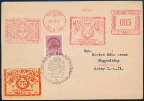 1943 Alkalmi levelezőlap 3 klf francotip bélyegzéssel, Magyarország kormányzójának 75. születésnapja levélzáróval, Légrádi Dezső reklámbélyegzéssel