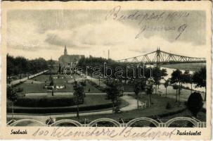 1930 Szolnok, park részlet, Tisza híd. Niehold Jenő kiadása (ázott / wet damage)