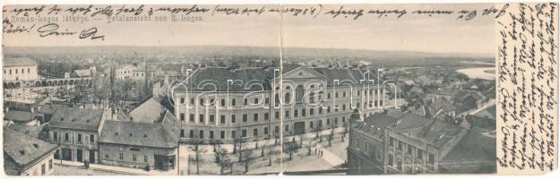 Lugos, Lugoj; Román-Lugos látképe, Rosenthal Adolf üzlete. Weisz és Sziklai kiadása. 2-részes kihajtható panorámalap (hiányos) / general view, shops. 2-tiled folding panoramacard (incomplete) (non PC) (b)