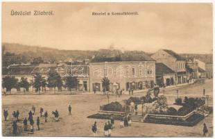 1910 Zilah, Zalau; Kossuth tér, Wesselényi szobor, Bikfalvi, Seres Samu üzlete és saját kiadása / square, monument, publisher's shop (EK)