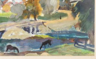 Bényi László (1909-2004): Zsögödi táj lovakkal. Tempera, papír, jbl.: Zsögöd 955. jjl: Bényi László....