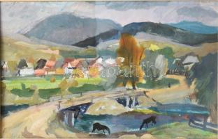 Bényi László (1909-2004): Zsögödi táj lovakkal. Tempera, papír, jbl.: Zsögöd 955. jjl: Bényi László....