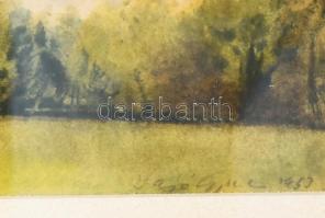 Sajó Gyula (1918-1989): Dombos táj. Akvarell, ceruza, papír, jjl.: Sajó Gyula 1953. 22x31,5 cm, kere...
