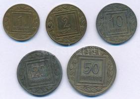 Ausztria / Freistadt hadifogolytábor 1915 1h + 2h + 10h + 20h + 50h szükségpénz T:AU,XF a 20h érmén több ph. Austria Freistadt POW camp 1915. 1 Heller + 2 Heller + 10 Heller + 20 Heller + 50 Heller necessity money (notgeld) C:AU,XF the 20 Heller coin with edge errors