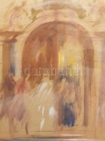 Kristófi János (1925-): Hölgy templomkapunál. Akvarell, papír, jjl.: Kristófi 91. 70x50 cm, keretben...