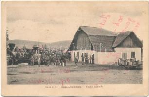 1941 Komandó, Kommandó, Comando, Comandau; Gara c. f. / Eisenbahnstation / Vasútállomás, gőzmozdony, vonat, iparvasút / railway station, locomotive, train, industrial railway. Foto Adler Oscar (ázott / wet damage)