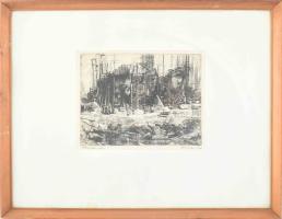 Bozsik István (1941-2006): Hajóépítés. Rézkarc, papír, jelzett, üvegezett fakeretben, 18×24 cm