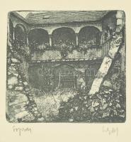 Sulyok Gabriella (1939-): Sopron. Rézkarc, papír, jelzett, üvegezett fakeretben, 9,5×9,5 cm