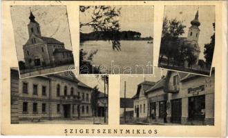 1943 Szigetszentmiklós, római katolikus és református templom, községháza, üzletek, mozaiklap (fl)