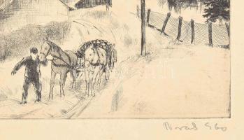 Novák Lajos (1927-1989): Télen (Dunakanyar). Rézkarc, papír, jelzett, kartonra kasírozva, 24×29,5 cm...