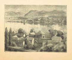 Kiss Terézia (1928-2016): Duna alkonyatban (Dunakanyar). Rézkarc, papír, jelzett, kartonra kasírozva, 29×38,5 cm,