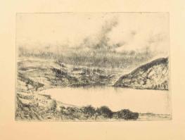 Varga Nándor Lajos (1895-1978): Dunakanyar. Rézkarc, papír, jelzett, kartonra kasírozva, 28×39,5 cm, néhány apró folttal