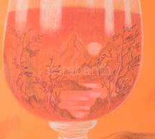 Pohlotka jelzéssel: Szürreális borospohár. Vegyes technika, papír, 59x42 cm, keretben, üvegezett, jó...