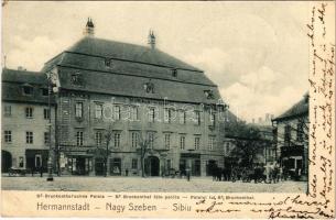 1901 Nagyszeben, Hermannstadt, Sibiu; Br. Bruckenthal'sches Palais / Báró Bruckenthal féle palota, üzletek / Palatul lui Br. Bruckenthal / palace, shops (fl)