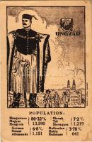 Ungvár, Uzshorod, Uzhorod; Magyar, német, tót (szlovák) és rutén (ruszin) nemzetiségek népesség aránya. Címer, Magyar Nemzeti Szövetség, Grund V. utódai / Percentage of Hungarian, German, Slovakian and Ruthen (Rusyn) population. Irredenta art postcad with coat of arms s: Pólya Tibor (fl)