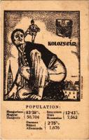 Kolozsvár, Cluj; Magyar, német és román (oláh) nemzetiségek népesség aránya. Címer, Grund V. Utódai, Magyar Nemzeti Szövetség kiadása / Percentage of Hungarian, German and Romanian population. Irredenta art postcad with coat of arms s: Pólya Tibor (EB)