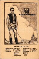 Marosvásárhely, Targu Mures; Magyar, német és román (oláh) nemzetiségek népesség aránya. Címer, Grund V. Utódai, Magyar Nemzeti Szövetség kiadása / Percentage of Hungarian, German and Romanian population. Irredenta art postcad with coat of arms s: Pólya Tibor (fl)