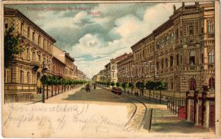 1899 (Vorläufer) Temesvár, Timisoara; Gyárváros, Andrássy út, villamos. Kiadja a Corvina könyvkereskedés / Fabric / street view with tram. Art Nouveau litho (EK)