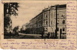 1900 Temesvár, Timisoara; Gyárváros, Andrássy út, villamos / Vorstadt Fabrik, Andrássy-Strasse / street view, tram (b)