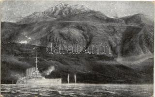 1916 S.M.S. Kaiser Karl VI und Fort Vermac beschiesst die montenegrinischen Stellungen auf dem Lovcen (August 1914). K.u.K. Kriegsmarine / SMS Kaiser Karl VI Osztrák-Magyar Haditengerészet VI. Károly-osztályú páncélos cirkálója lövi a montenegrói állásokat és erődöket Lovcennél / WWI Austro-Hungarian Navy battle, SMS Kaiser Karl VI armored cruiser fires at the Montenegrin forts and positions by Lovcen s: M. Cavic + "K.u.k. Marinestationskommando Teodo"