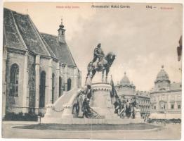 Kolozsvár, Cluj; Mátyás király szobra. 2-részes kihajtható panorámalap. Schuster Emil kiadása / Monumentul Matei Corvin / monument. 2-tiled folding panoramacard (hajtásnál szakadt / torn at fold)