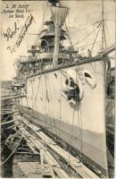 K.u.K. Kriegsmarine S.M. Schiff Kaiser Karl VI im Dock / SMS Kaiser Karl VI. az Osztrák-Magyar Haditengerészet VI. Károly-osztályú páncélos cirkálója a szárazdokkban / WWI Austro-Hungarian Navy SMS Kaiser Karl VI armored cruiser in the dry dock. Atelier Flora Pola 1906.