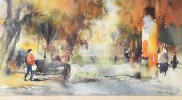 Szalóky Sándor (1921-1978): Őszi park. Akvarell, papír, jjl.: Szalóky S. 29x46 cm, keretben, üvegeze...