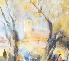 Szalóky Sándor (1921-1978): Őszi park. Akvarell, papír, jjl.: Szalóky S. 29x46 cm, keretben, üvegeze...