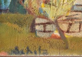 Scholz Erik (1926-1995): Falusi táj. Olaj, vászon, jbl: Scholz. Hátoldalán Képcsarnok etikett: 10910...