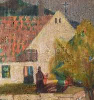 Scholz Erik (1926-1995): Falusi táj. Olaj, vászon, jbl: Scholz. Hátoldalán Képcsarnok etikett: 10910...