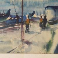 Szalóky Sándor (1921-1978): Csónakok. Akvarell, papír, jjl.: Szalóky S. 27x36,5 cm, keretben, üvegez...