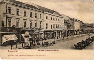 1906 Kolozsvár, Cluj; Mátyás király téri részlet, drogéria, Mezőgazdasági Bank, Schuster Emil üzlete és saját kiadása / square, drugstore, bank, publisher's shop (ragasztónyom / glue marks)