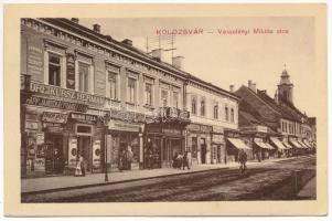 1913 Kolozsvár, Cluj; Wesselényi Miklós utca, Dreikursz Herman, Papp János, Molnár Gyula, Fülöp János, Szűcs János, Farkas Mendel, Benedek Sándor, Hirsch Adolf, Klein Lajos üzlete, Korona Bank, Kolozsvári Hírlap kiadóhivatala, Ujhelyi és Boros könyvnyomdája és saját kiadása / street view, shops, bank, publishing house (EK)