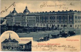 1901 Kolozsvár, Cluj; Pénzügyi palota, Babos palota, piac, üzletek / Financial Palace, market, shops + "KOLOZSVÁR - BUDAPEST 298. SZ. A" vasúti mozgóposta bélyegző (EK)