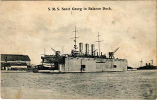 SMS Sankt Georg osztrák-magyar páncélos cirkáló / K.u.K. Kriegsmarine Panzerkreuzer / Austro-Hungarian Navy, SMS Sankt Georg armored cruiser in balance dock. G. Fano Pola 1907-08. (fl)