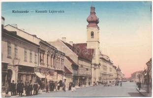 Kolozsvár, Cluj; Kossuth Lajos utca, üzletek, templom. Weiszfeiler Sándor kiadása / street view, shops, church (szakadás / tear)