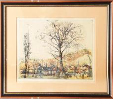 Ősz Dénes (1915 - 1980): Téli délután. Színezett rézkarc, papír, jjl.: Ősz Dénes. 29x36,5 cm, keretb...