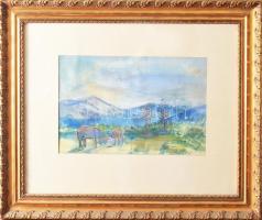 Dengyel Tibor (1913- ?): Hegyi legelő. Vegyes technika, papír, jjl.: Dengyel T. 943. 22x33,5 cm, ker...