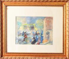 Bényi László (1909-2004): Piaci jelenet. Vegyes technika, papír, jjl: Bényi László Csirpán 59. 23x32...