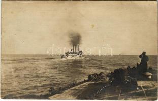 1916 SMS Sankt Georg osztrák-magyar páncélos cirkáló hazafelé Rimini-ből, ahol szétlőtte a vasúti hidat / K.u.K. Kriegsmarine Panzerkreuzer / Austro-Hungarian Navy, SMS Sankt Georg armored cruiser. on his way home from Rimini. photo (fl)